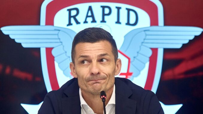 Bucharest, Romania. 9th Jun, 2025: Constantin Galca, the new head coach of Fotbal Club Rapid Bucharest, speaks during his presentation at Superbet Arena-Giulesti in Bucharest. Credit: Lucian Alecu/Alamy Live News